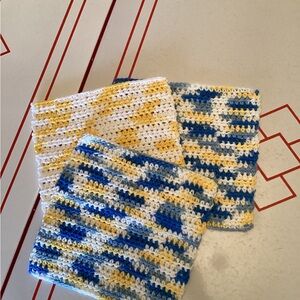 Hand-Crocheted Dishcloths in White, Blue & Yellow (Set of 3)